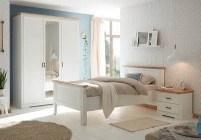 Produktbild von Schlafzimmer Set 3-teilig Bett 100x200cm Pinie weiß mit Eiche JÜLICH-77