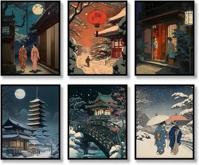 Productafbeelding van Famanu Wanddecoratieset, 6-delig – Ukiyo-e landschapsposters – Vintage esthetiek, Mount Fuji – Geschikt voor woon- en slaapkamer