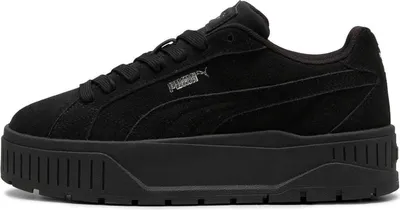 A black Puma sneaker with a thick platform sole.
