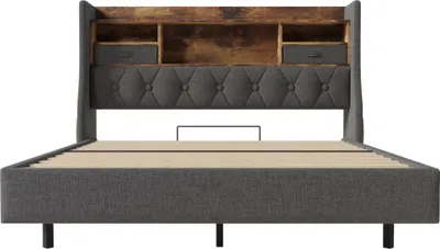 Produktbild von MODFU Polsterbett 140x200 Jugendbett mit LED-Beleuchtung und Ladestation, Doppelbett mit Stauraum-Kopfteil und Lattenrost, Bettgestell ohne Matratze aus Leinen, Grau