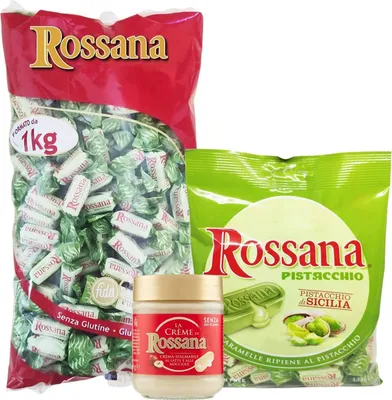 Produktbild von Rossana Tris Pack - 1x Pistazie Bonbons Beutel 1 kg + 1x Bonbons Beutel 135 g + 1x Streichcremetiegel 200 g