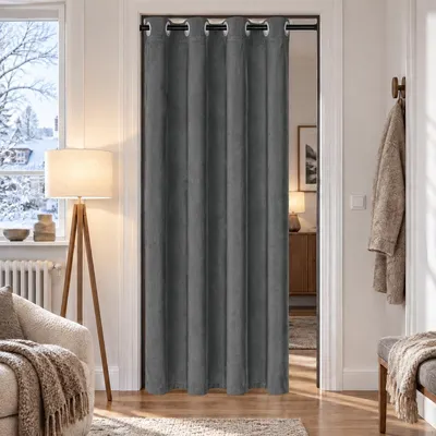 Immagine prodotto di Tenda per porta, oscurante, termica, con passanti, ideale per dividere gli ambienti, adatta per camera da letto, porta, cucina, armadio, colore grigio, dimensioni 87x203 cm