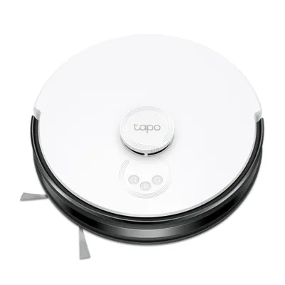 A white robot vacuum cleaner with a black trim is shown from a top-down perspective against a white background.