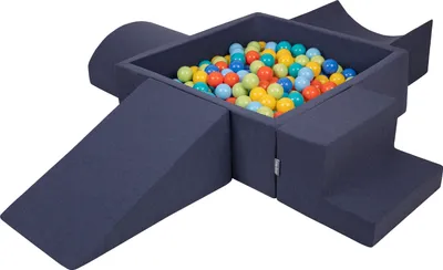 Produktbild von KiddyMoon spielplatz aus schaumstoff mit quadrat bällebad (300 bälle) ballgruben für babys spielbad hindernisläufen, hergestellt in der eu, dunkelblau:hellgrün/orange/türkis/blau/bblue/gelb