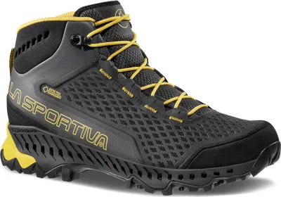 Schwarze Wanderschuhe "Stream Gtx" von La Sportiva mit gelben Schnürsenkeln und verstärkter Sohle.