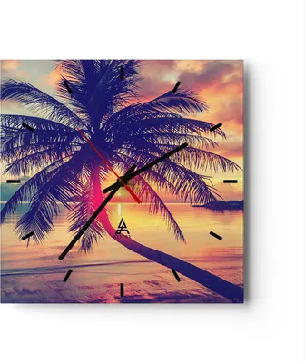 Produktbild von Wanduhr - Quadrat - Glasuhr - Meer Strand Palme - 30x30cm - Schleichendes Uhrwerk - Lautlos - zum Aufhängen bereit - Dekoration Modern - Wanddekoration aus Glas - C3AC30x30-3925