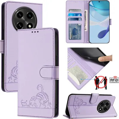 Produktbild von Leder Hülle für Oppo A2 Pro / A3 Pro 5G Süße Katze Flip Case Brieftasche Schutzhülle mit Standfunktion Lila