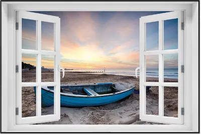 Produktbild von Wallario Wandbild mit Fenster-Illusion: Fischerboot am Strand bei Sonnenuntergang, Größe: 61 x 91,5 cm, Poster mit schwarzem Aluminiumrahmen
