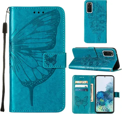 Produktbild von Galaxy S20 Hülle, Schmetterling Prägung Flip Leder Kartenfächer Schutzhülle Ledertasche mit Ständer für Samsung Galaxy S20 Blau