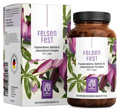 Produktbild von Johanniskraut Baldrian Passionsblume Komplex mit Folsäure (Folat) & Vitamin B12 - FELSENFEST - 90 vegane Kapseln - NATURTREU®