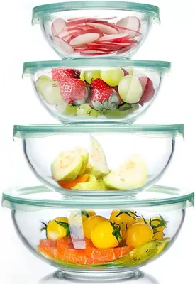 Set aus 4 Glas-Salatschalen 1, 1.5, 2.5, 3.7 Liter - Mikrowellen- und spülmaschinenfest zum Mischen, Aufbewahren und