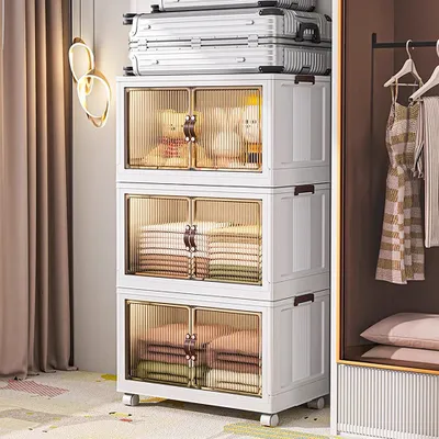 Produktbild von Faltbare Aufbewahrungsbox mit Deckel,3 Ebenen Stapelbare Aufbewahrungsboxen,Kunststoff Transparente Stapelboxen mit Tür & Rollen für Küche,Büro & Woh