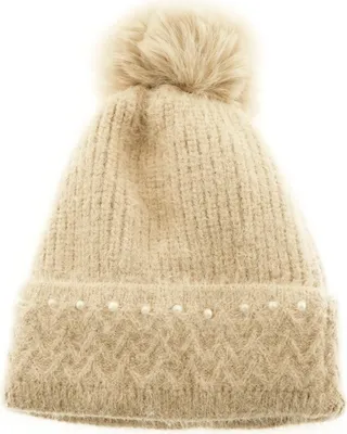 Produktbild von Bommelmütze mit Perlen bestickt Strickmütze mit Innenfutter für Damen OneSize Beige