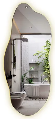 A modern bathroom with a bathtub, shower, and toilet, reflected in an LED mirror.