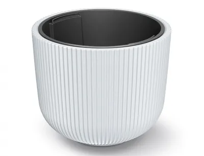 A white planter with a black insert is shown against a white background.