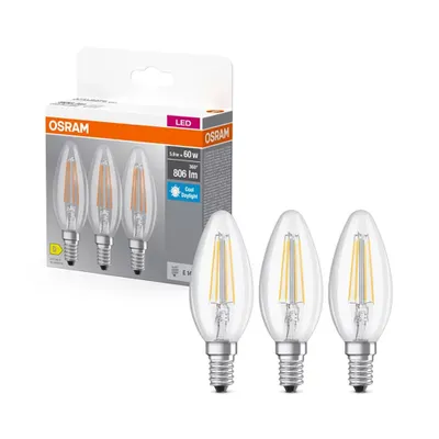 Immagine prodotto di 3 x candele Osram LED a filamento 5,9W = 60W E14 chiaro 806lm bianco freddo 6500K luce diurna