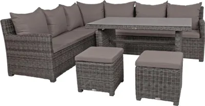An outdoor lounge set with a sectional sofa, a table, and two ottomans, shown against a white background.