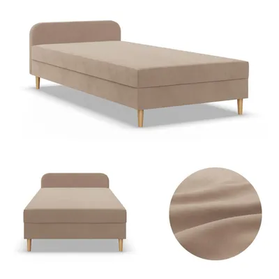 Produktbild von Einzelbett 120x200, Kontinentales Bett mit Kopfteil, Bett mit Matratze, Jugendbett, Kinderbett, Veloursbett, Samtstoff, Beige, CASPE 120 x 200