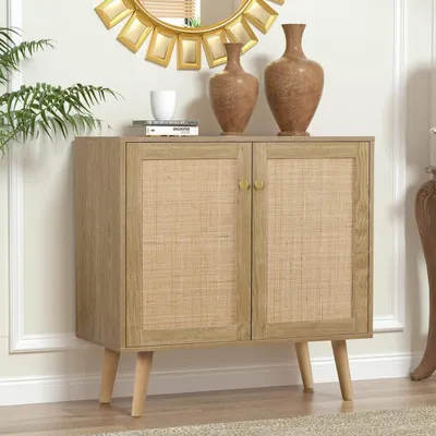 Immagine prodotto di Mobiletto da cucina, credenza con ante in rattan, stile rustico, 80x35x79 cm