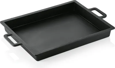 A black cast iron roasting pan with handles is shown from a slightly elevated angle against a white background.