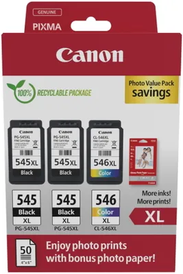 A product shot of Canon ink cartridges and bonus photo paper.