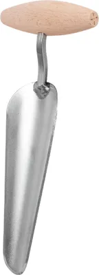 A tool with a wooden handle and a metal scoop.