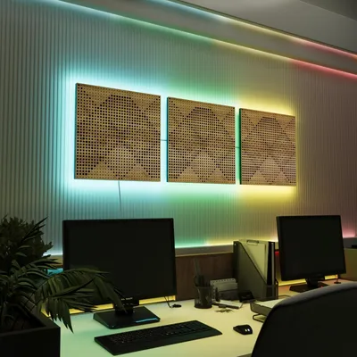 Obrázek produktu pro Sada 3 ks akustických nástěnných panelů s LED a RGB podsvícením pro Echo Control | Zvukově izolační panely s podsvícením | 3x WILDS – samostatně | dub