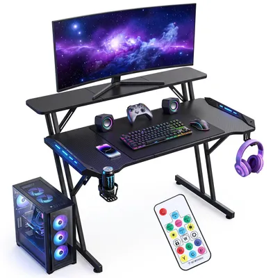 Obrázek produktu pro Herní stůl Ikodm, rozměry 120x60 cm, tvar "Z" s úložným prostorem a RGB LED podsvícením, design s karbonovým vzhledem