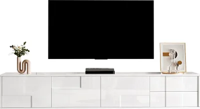 Obrázok produktu pre Fortuna Lai Moderný TV stolík Biely 170 cm, závesný alebo stojací, celoplošný vysokolesklý povrch, bez úchytiek, s 3 dvierkami a 2 zásuvkami, veľa úložného priestoru pre obývačku