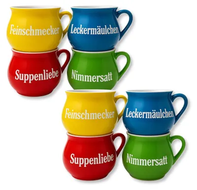 Image de BURI Set de 4 bols à soupe en céramique | Bols à anse colorés avec slogans | 400 ml | Lavable au lave-vaisselle & micro-ondable | Style méditerranéen, Variante:2x Set de 4 bols