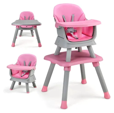 Produktbild von Hochstuhl mit Tisch, 6-in-1 Kinderhochstuhl mit Tablett und 5-Punkt Sicherheitsgurt, Babystuhl mit abnehmbarem Kissen, Essstuhl für Babys von 7-36 Monaten bis 25 KG (Pink)