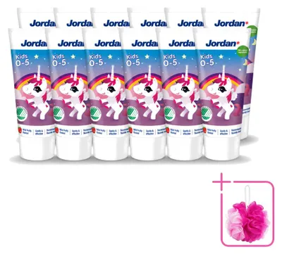 Obrázek produktu pro 12 kusů zubní pasty Jordan Kids pro děti ve věku 0-5 let - Jemná ovocná chuť - 50 ml - Balení po 12 kusů