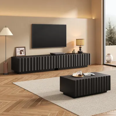 Produktbild von Merax Wohnzimmer-Set mit Wellenoptik, TV-Schrank + Couchtisch, modernes Stauraumset mit 6 Schubladen, Wohnzimmermöbel aus MDF und PB, Schwarz