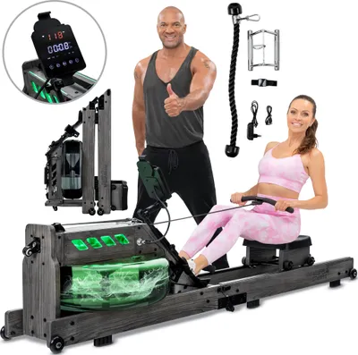 Produktbild von Miweba Sports Wasser-Rudergerät MR700 Pro | Holzrudergerät - Rudermaschine - App Steuerung - LED Display - Tablet Halterung - klappbar (Esche Grau)