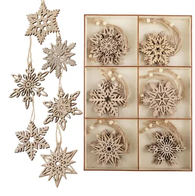24 Holz-Schneeflocken, 7,5 cm, Weihnachtsbaum-Anhänger mit Juteschnur