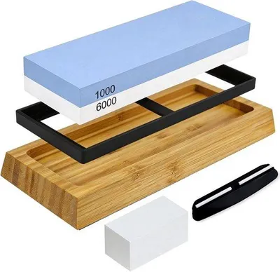 Productafbeelding van Slijpsteen, set voor messen 1000/6000, professionele 5-in-1 messenslijper, wetsteen, met antislip bamboebasis, platte