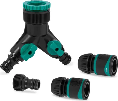 Produktbild von 2-Wege-Hahnanschluss-Set - Doppelhahnanschluss - Inkl. Schlauchkupplungen und Steckadapter