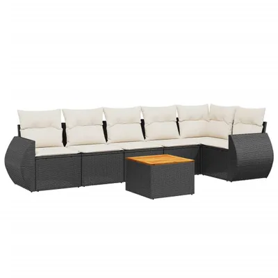 Produktbild von Modulares Gartenmöbel-Set, 7-teilig, mit Stauraum, PE-Rattan Schwarz, Akazienholz-Tisch, Cremeweiße Kissen, UV-beständig