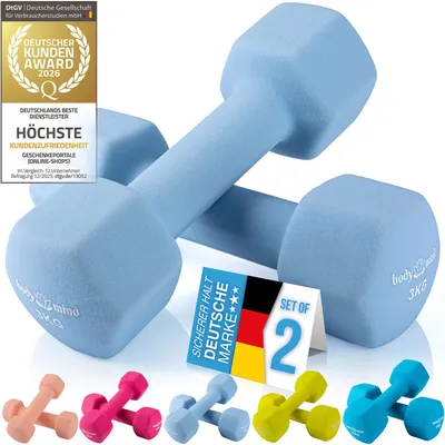 Produktbild von Body & Mind 2er-Set Neopren Kurzhanteln 3 kg, rutschfeste Fitness Hanteln im Sechseck-Design für Heimtraining, bodenschonend & massiv
