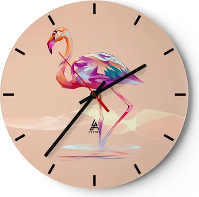 Produktbild von Wanduhr - Rund - Glasuhr - Flamingo Vogel Wasser - 40x40cm - Schleichendes Uhrwerk - Lautlos - zum Aufhängen bereit - Dekoration Modern - Wanddekoration aus Glas - C3AR40x40-3839