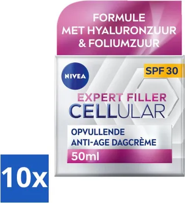 Produktbild von NIVEA – CELLular Expert Filler Tagescreme – Anti-Aging Gesichtscreme – LSF 30 – Mit Hyaluronsäure, Kreatin & Folsäure – 50 ml - Vorteilspack - 10 Stücke
