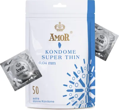 Immagine prodotto di Preservativi AMOR Premium Super Thin 0,04, spessore extra sottile 0,04 mm, Ø 53 mm, 50 pezzi