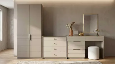 Immagine prodotto di Set per camera da letto beige, moderno,  composto da armadio, comò da trucco e mobile contenitore