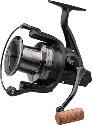 A black fishing reel with a wooden handle is shown against a white background.