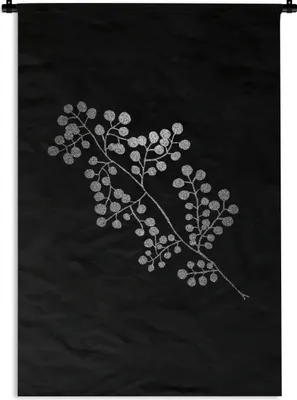 Produktbild von MuchoWow® Wandteppich Wandbehang Zweig mit runden Blättern auf schwarzem Hintergrund - schwarz und weiß 120x180 cm Tapisserie Dekoration Wandtuch - Schlafzimmer - Dekorationen für das Haus