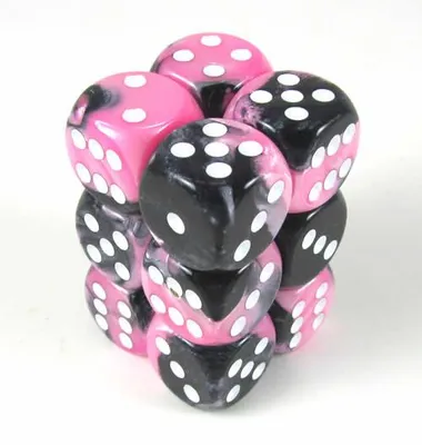 Immagine prodotto di Dadi Chessex Gemini 16mm d6 con punti Blocchi di dadi (12 dadi) - Nero-Rosa con bianco