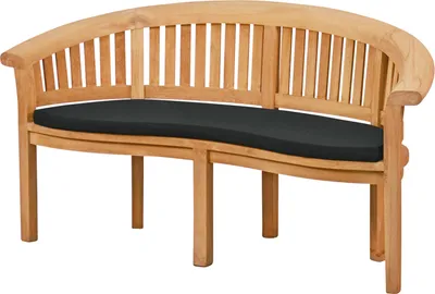 A wooden bench with a black cushion, photographed against a white background.
