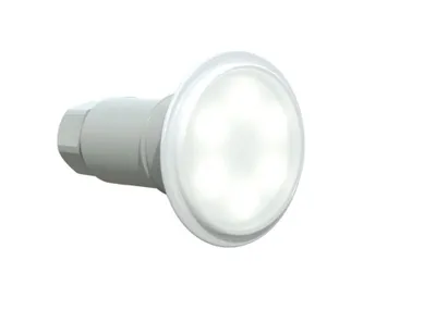 A white LED pool spotlight with a clear lens and multiple light sources visible.