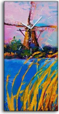 Produktbild von Leinwand Uhr Küche Wohnzimmer Bild 30x60 Windmühlen Wasser Landschafts Natur - weiße Hände