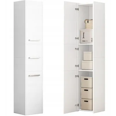 A white tall cabinet with multiple doors, showing the exterior and interior with storage boxes.